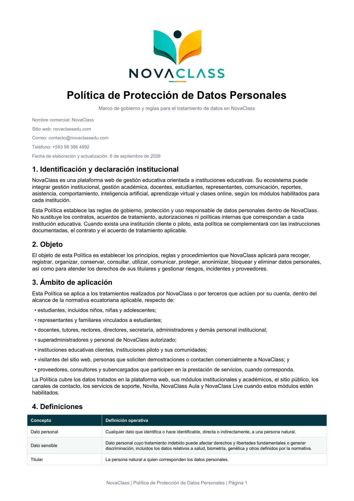 Página 1 de 8 de Política de Protección de Datos Personales